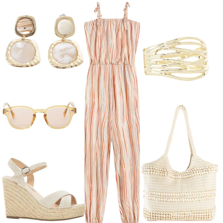Outfit donna - In vacanza. Stile Casual per Tutti i giorni. Abbinamento con shopping bag, tute, sandali, occhiali da sole, orecchini, braccialetti.