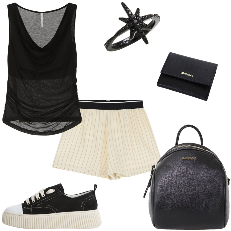 Outfit donna - In vacanza con Imperial. Stile Casual per Tutti i giorni. Abbinamento con anelli, pantaloni corti, top, sneakers, portafogli, zaini.
