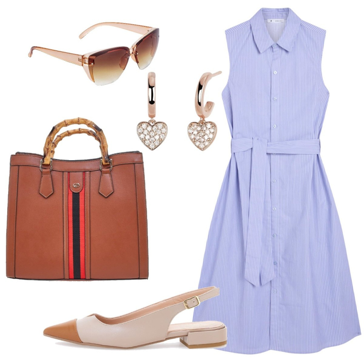 Outfit donna - Lo chemisier azzurro. Stile Bon Ton per Ufficio. Abbinamento con occhiali da sole, vestiti chemisier, orecchini, borse a tracolla, ballerine.