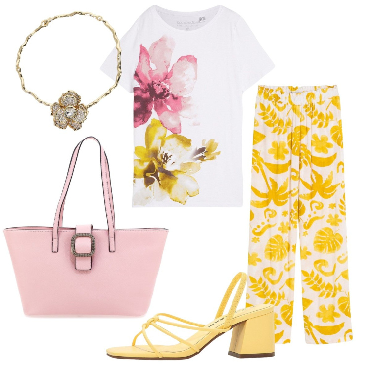 Outfit donna - La t-shirt coi fiori. Stile Romantica per Tutti i giorni. Abbinamento con pantaloni, sandali col tacco, t-shirt, collane, borse a spalla.