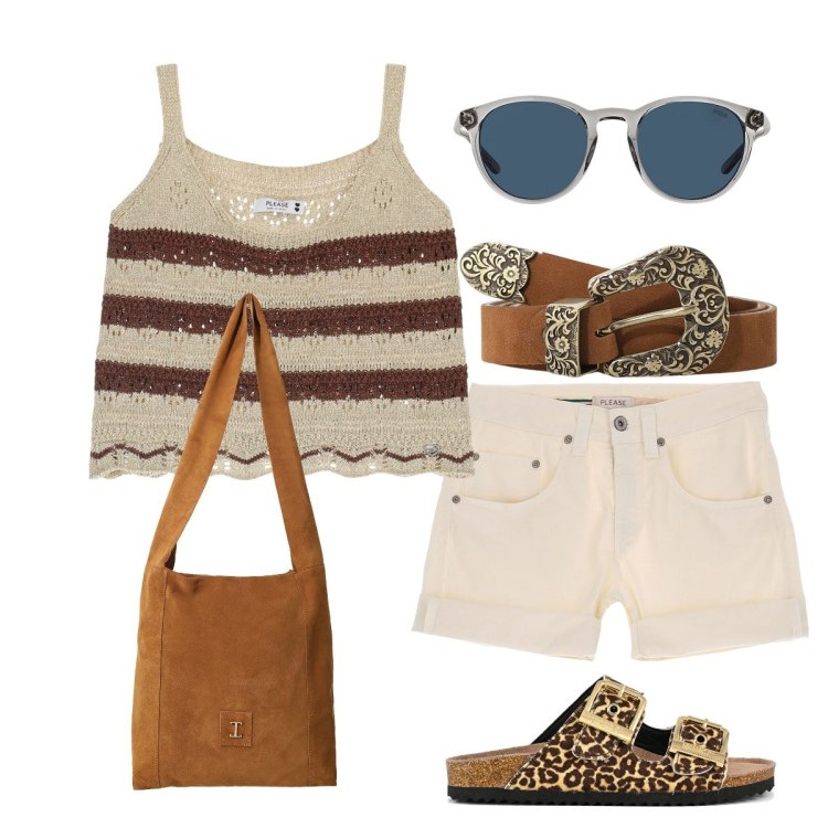 Outfit donna - Giornata estiva. Stile Casual chic per Tutti i giorni. Abbinamento con shorts, top, borse a tracolla, cinture, occhiali da sole, sandali in pelle.