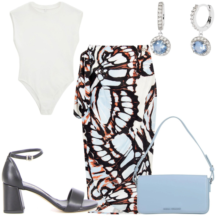 Outfit donna - Total look #2185599. Stile Casual chic per Tutti i giorni. Abbinamento con borse a mano, top, orecchini, gonne longuette, sandali col tacco.