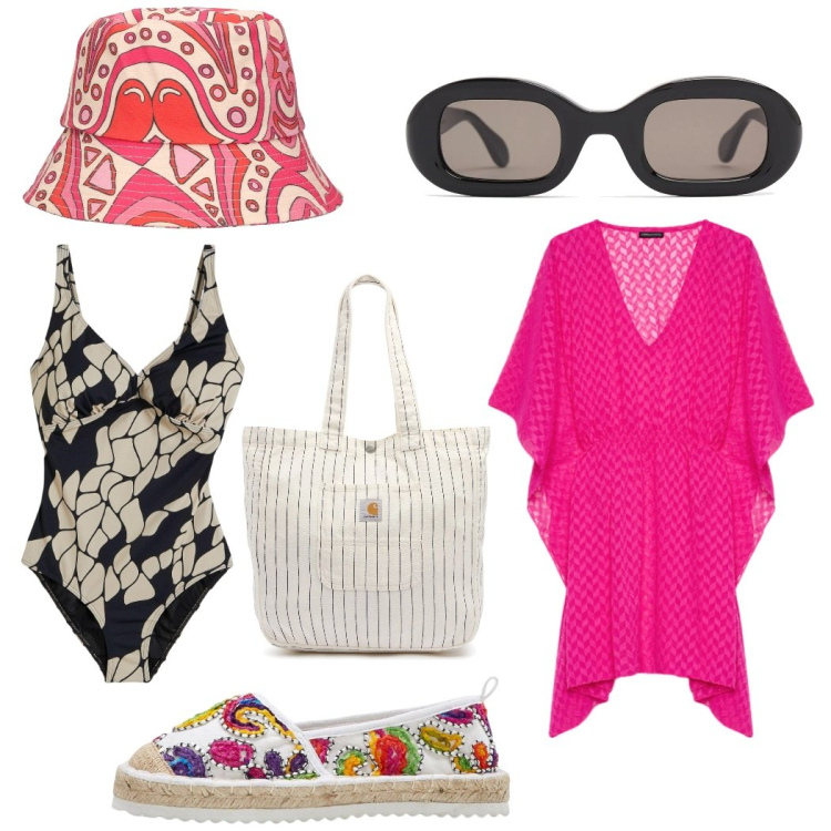 Outfit donna - Sole e mare. Stile Casual per Mare. Abbinamento con espadrillas, costumi interi, caftani, borse tote, cappelli, occhiali da sole.