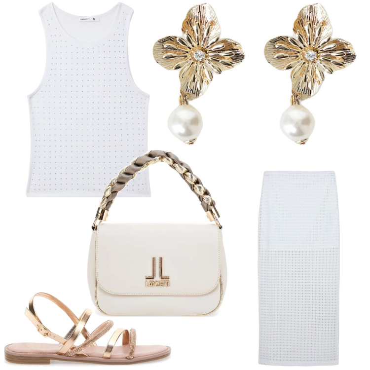 Outfit donna - Oro bianco. Stile Chic per Serata fuori. Abbinamento con gonne lunghe, top, orecchini, borse a tracolla, sandali.