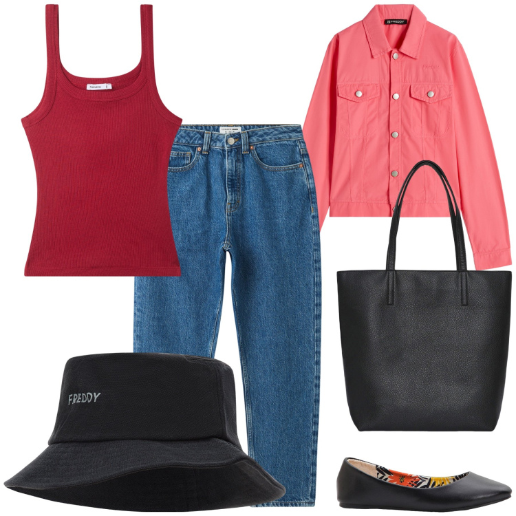 Outfit donna - Improvvisamente un temporale. Stile Basic per Tutti i giorni. Abbinamento con ballerine, jeans mom, borse tote, canottiere, blazer, cappelli.