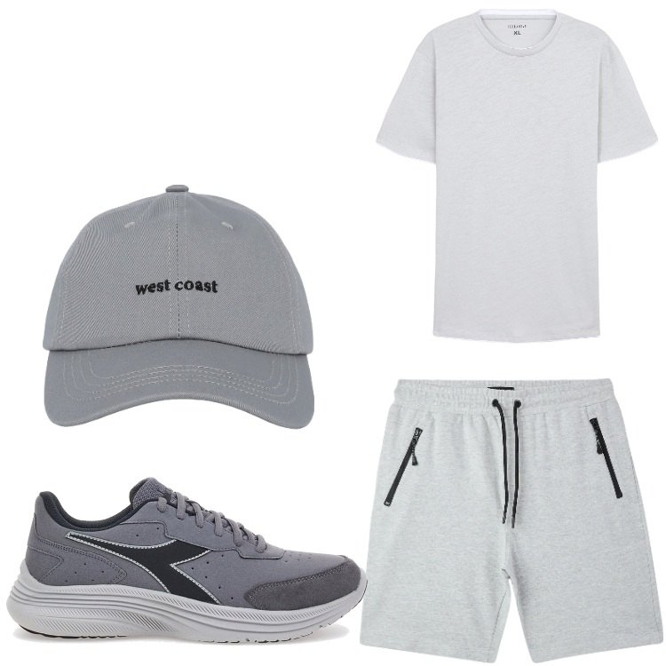 Outfit uomo - Grigio summer. Stile Casual per Tutti i giorni. Abbinamento con cappelli con visiera, t-shirt, bermuda, sneakers.