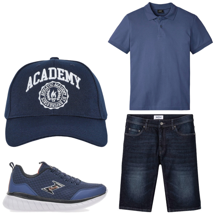 Outfit uomo - Blu summer. Stile Casual per Tutti i giorni. Abbinamento con polo, bermuda, cappelli con visiera, sneakers.