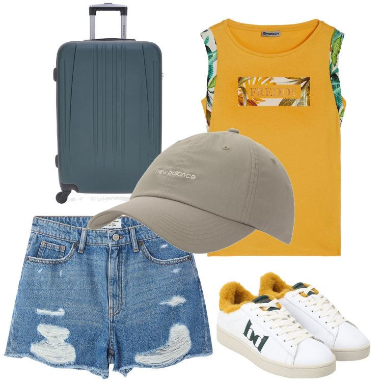 Outfit donna - Viaggio in auto. Stile Casual per Tutti i giorni. Abbinamento con shorts, cappelli, sneakers, t-shirt, valigie.