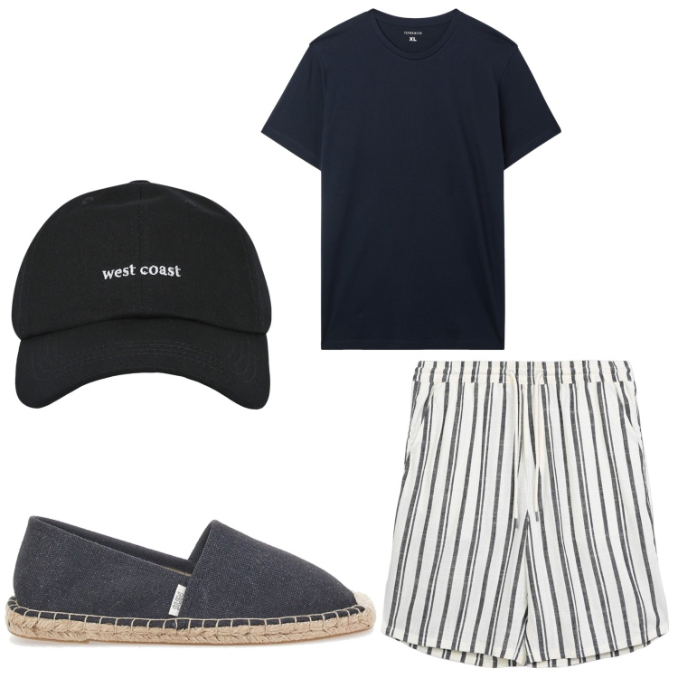 Outfit uomo - Righe summer. Stile Casual per Tutti i giorni. Abbinamento con cappelli con visiera, t-shirt, pantaloni corti, espadrillas.