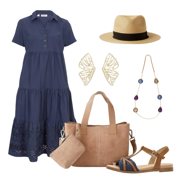 Outfit donna - L\'abito a balze. Stile Basic per Tutti i giorni. Abbinamento con vestiti, borse a mano, sandali, cappelli, orecchini, collane.