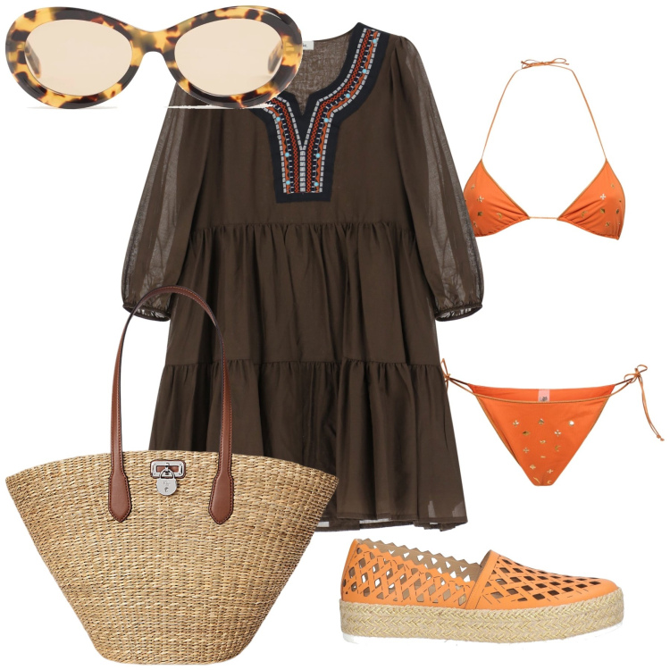 Outfit donna - Il bikini gioiello. Stile Boho per Mare. Abbinamento con espadrillas, vestiti corti, borse tote, occhiali da sole, bikini.