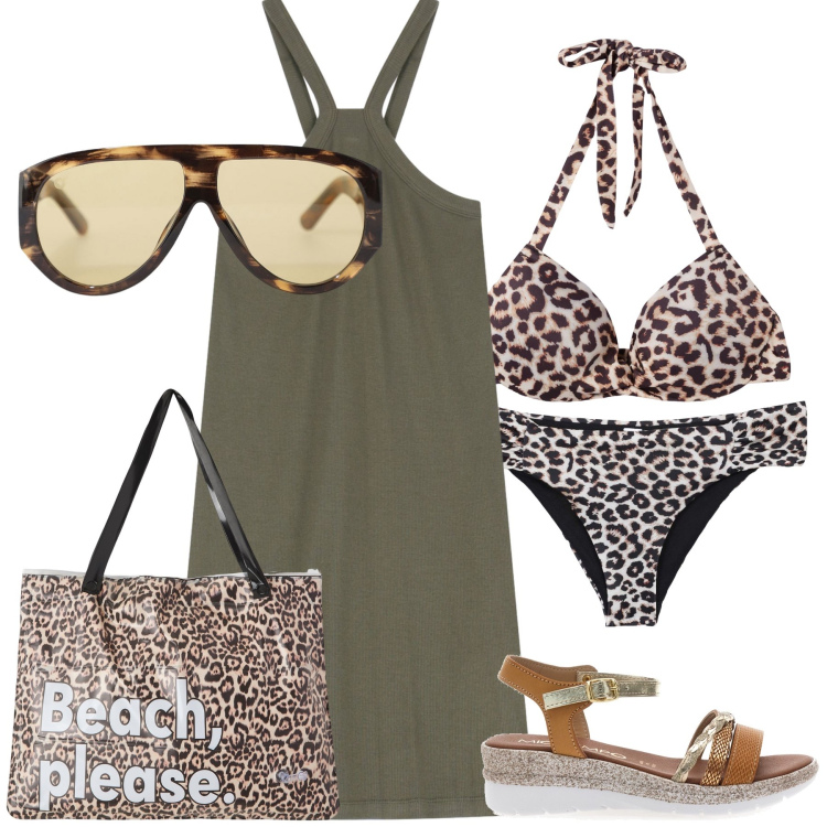 Outfit donna - Spiaggia maculata. Stile Trendy per Mare. Abbinamento con borse tote, bikini, bikini, occhiali da sole, vestiti corti, sandali.