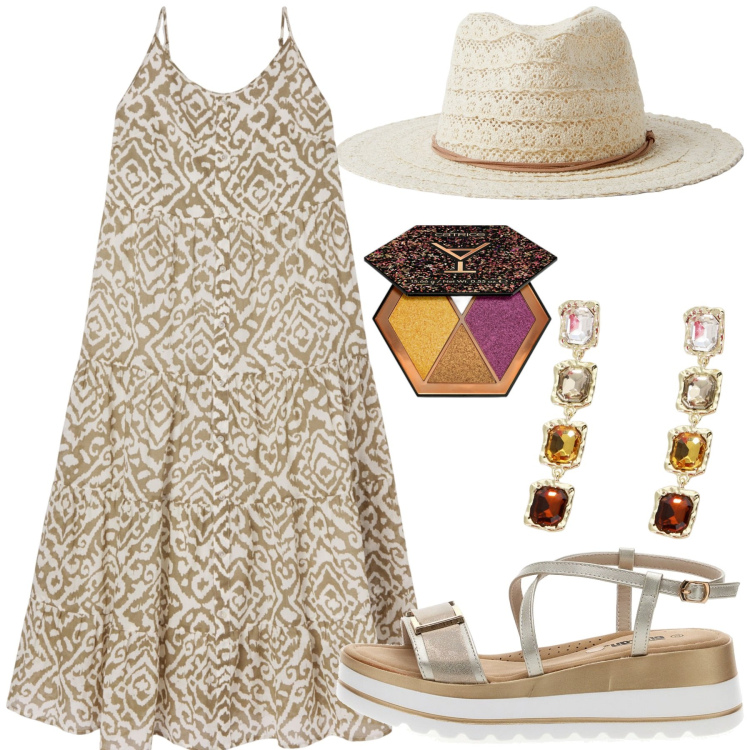 Outfit donna - Dress largo. Stile Boho per Tutti i giorni. Abbinamento con ombretti, vestiti lunghi, cappelli, orecchini, sandali.