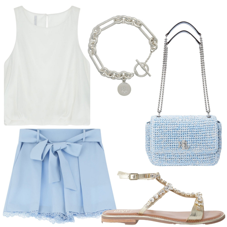 Outfit donna - Imperial Summer. Stile Casual chic per Serata fuori. Abbinamento con shorts, top, sandali, braccialetti, borse a spalla.