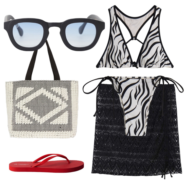 Outfit donna - Total look #2185649. Stile Casual per Mare. Abbinamento con infradito, vestiti da spiaggia, occhiali da sole, bikini, bikini, shopping bag.