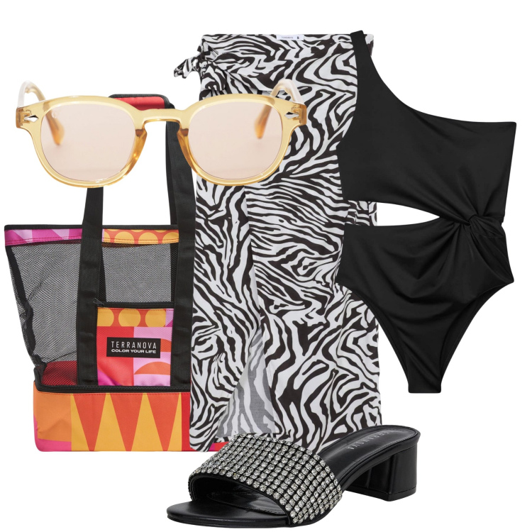 Outfit donna - Total look #2185653. Stile Chic per Mare. Abbinamento con borse tote, vestiti da spiaggia, ciabatte, costumi interi, occhiali da sole.