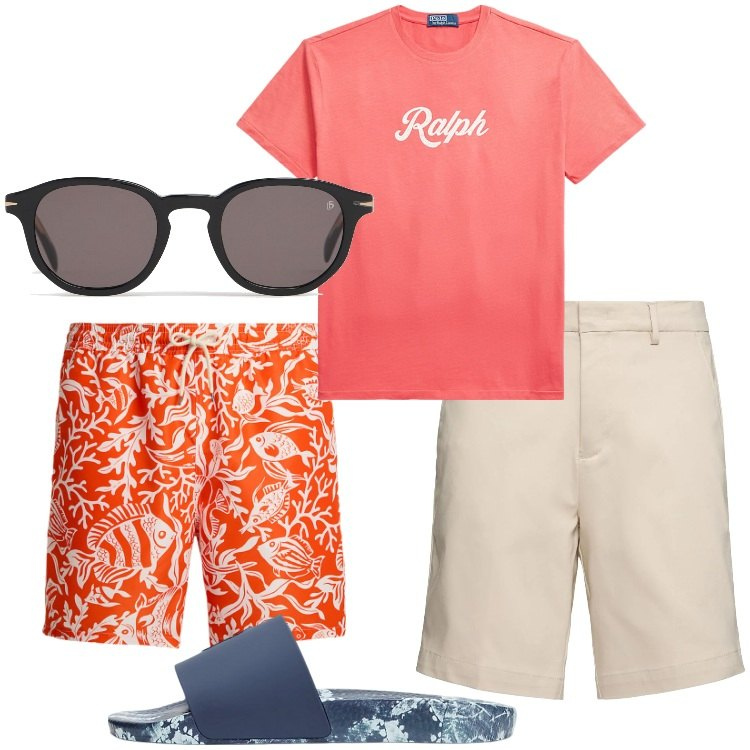 Outfit uomo - Estivo. Stile Casual per Mare. Abbinamento con t-shirt, costumi, sandali, occhiali da sole, shorts.