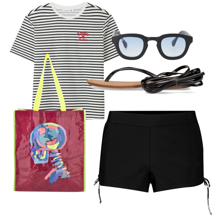 Outfit donna - Città. Stile Basic per Tutti i giorni. Abbinamento con pantaloni corti, t-shirt, occhiali da sole, shopping bag, sandali alla schiava.