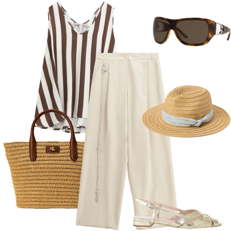 Outfit donna - Riviera Look Estetica rilassata, solare. Stile Casual chic per Mare. Abbinamento con top, pantaloni, sandali, occhiali da sole, borse tote, cappelli.
