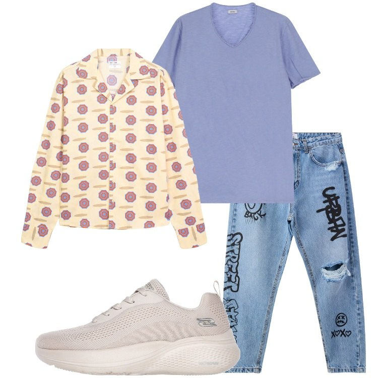 Outfit uomo - Camicia bowling fantasia ombrelloni. Stile Urban per Tutti i giorni. Abbinamento con jeans strappati, camicie, t-shirt, sneakers.