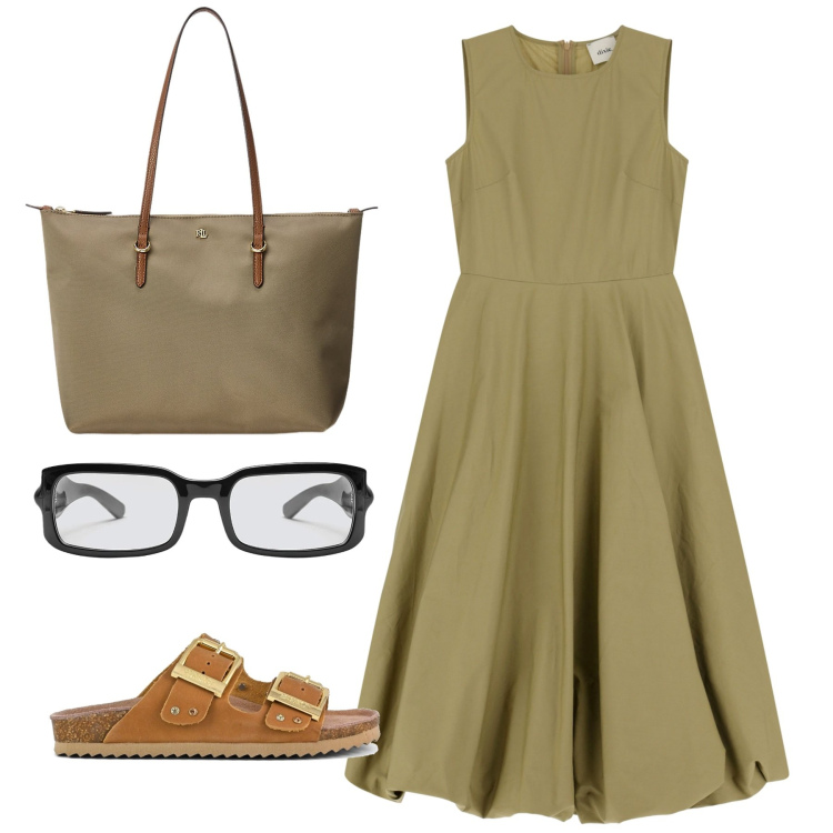 Outfit donna - Passeggiata in città. Stile Bon Ton per Tutti i giorni. Abbinamento con vestiti midi/longuette, borse tote, sandali, occhiali.