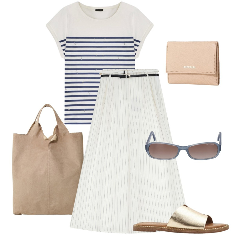 Outfit donna - Righe marinare. Stile Casual chic per Mare. Abbinamento con ciabatte, pantaloni a palazzo, portafogli, shopping bag, t-shirt, occhiali da sole.