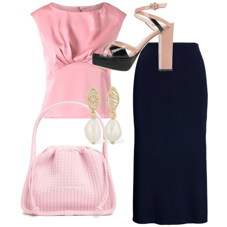 Outfit donna - Evento serale. Stile Chic per Serata fuori. Abbinamento con sandali in pelle, top, gonne, borse a mano, orecchini.