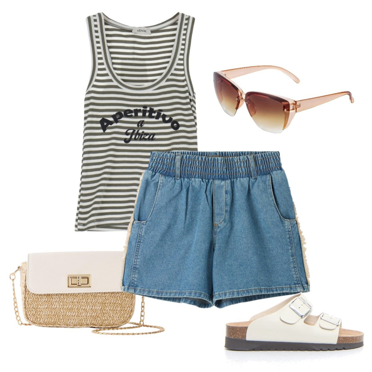 Outfit donna - Un gelato in riviera. Stile Basic per Mare. Abbinamento con occhiali da sole, shopping bag, shorts, canottiere, ciabatte.