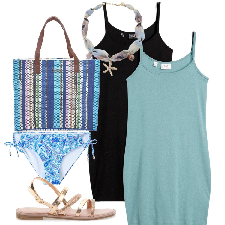 Outfit donna - Mare mare. Stile Basic per Mare. Abbinamento con vestiti, bikini, collane, shopping bag, sandali.