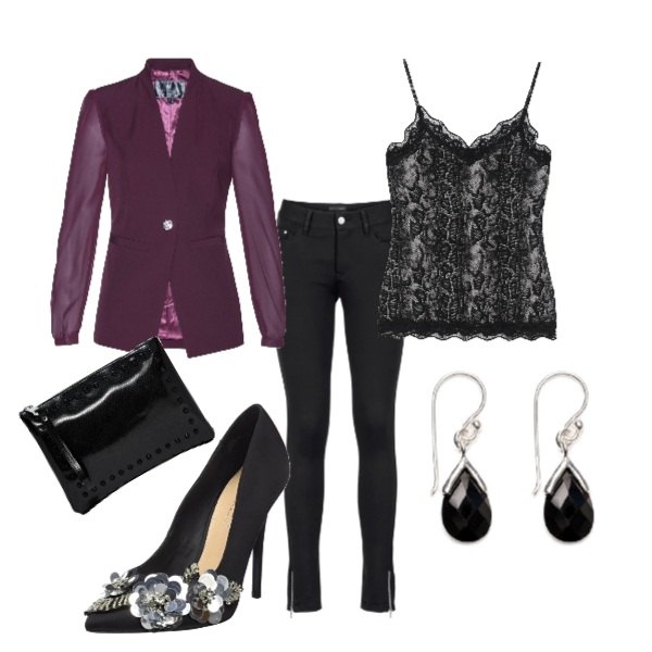 Outfit donna - Scarpe importanti. Stile Sexy per Serata fuori. Abbinamento con pantaloni, slip, canottiera con pizzo e spalline sottili grigio, scarpe col tacco effetto satinato nero, orecchini pendenti in sterling 925 argento, pochette con borchie taglia media con zip.