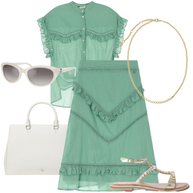 Outfit donna - Il verde menta di Dixie. Stile Vintage retrò per Mare. Abbinamento con gonne longuette, camicie a manica corta, sandali, collane, occhiali da sole, borse a mano.