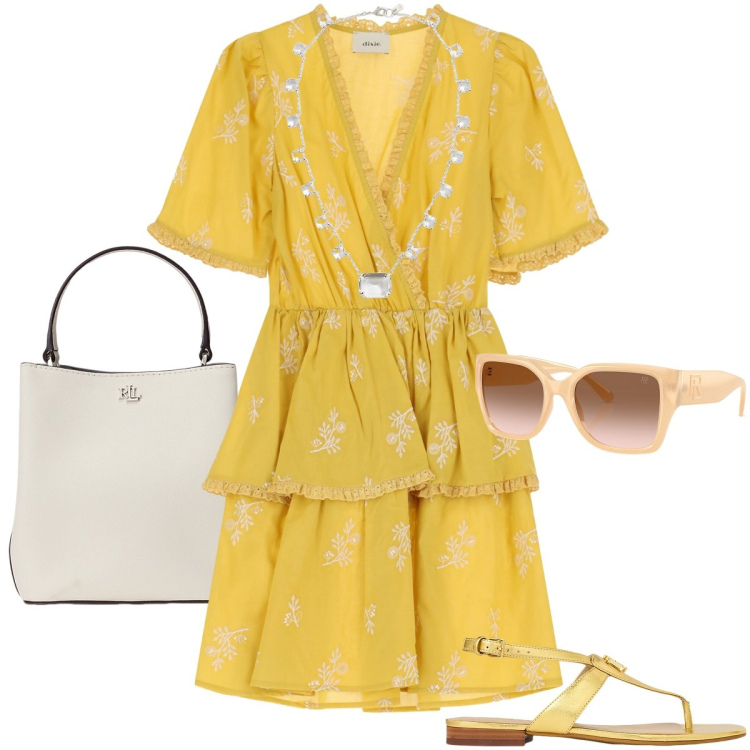 Outfit donna - Giallo come il sole. Stile Romantica per Mare. Abbinamento con vestiti corti, occhiali da sole, sandali in pelle, collane, borse a secchiello.
