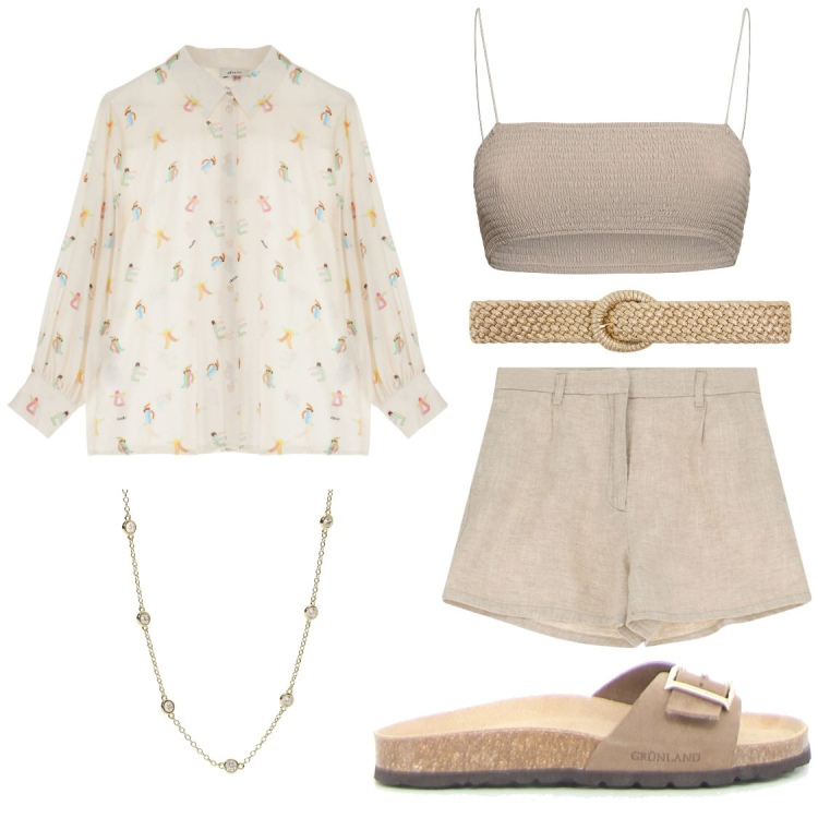 Outfit donna - Aperitivo post mare. Stile Boho per Tutti i giorni. Abbinamento con cinture, collane, pantaloni corti, camicie, ciabatte, bikini.