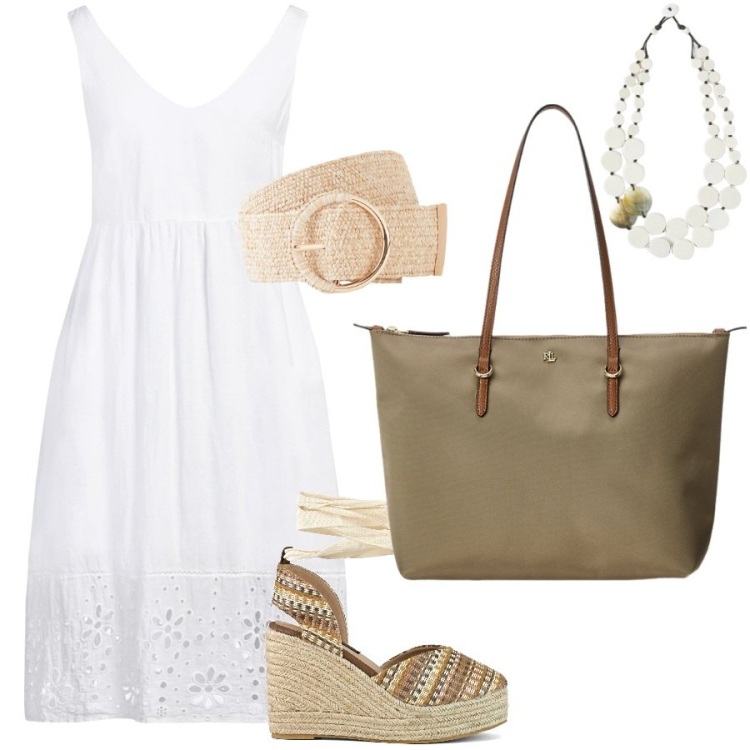 Outfit donna - Pizzo sangallo. Stile Casual chic per Tutti i giorni. Abbinamento con cinture, vestiti midi/longuette, borse tote, zeppe, ciondoli.