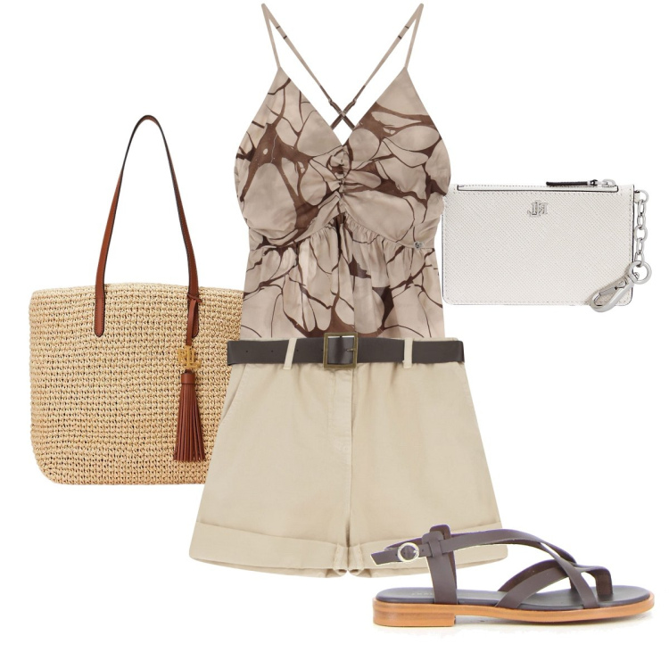 Outfit donna - Le tendenze di Please. Stile Casual chic per Mare. Abbinamento con canottiere, shorts, borse tote, portafogli, sandali.