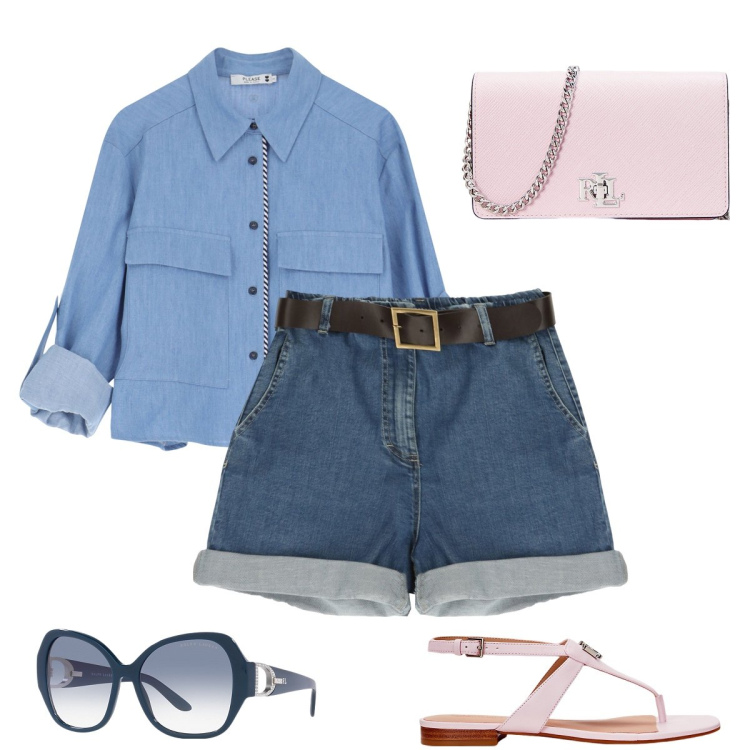 Outfit donna - Denim mania. Stile Urban per Mare. Abbinamento con bermuda, camicie, occhiali da sole, borse a tracolla, sandali in pelle.