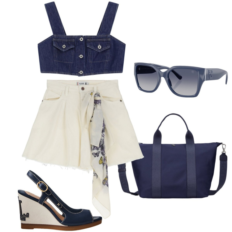 Outfit donna - Gli shorts con fusciacca. Stile Sexy per Mare. Abbinamento con shorts, top, occhiali da sole, sandali in pelle, borse tote.