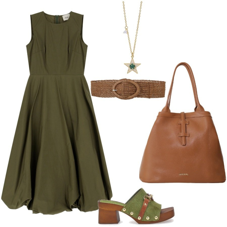 Outfit donna - Orlo a palloncino. Stile Casual chic per Ufficio. Abbinamento con cinture, collane, borse tote, vestiti midi/longuette, zoccoli.