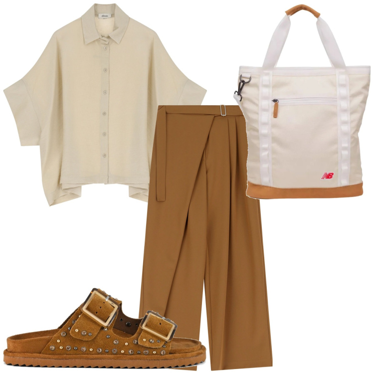 Outfit donna - Pomeriggio in vacanza. Stile Casual per Tutti i giorni. Abbinamento con shopping bag, pantaloni a palazzo, camicie a manica corta, sandali.
