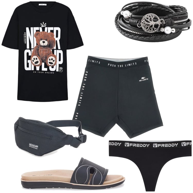 Outfit donna - In casa al fresco. Stile Basic per Tutti i giorni. Abbinamento con braccialetti, t-shirt, perizomi, ciabatte, pantaloni corti, marsupi.