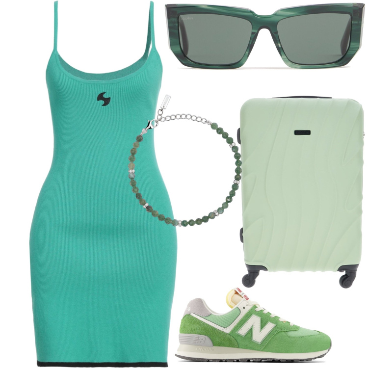 Outfit donna - Fresca in viaggio. Stile Casual chic per Tutti i giorni. Abbinamento con vestiti corti, braccialetti, sneakers, valigie, occhiali da sole.