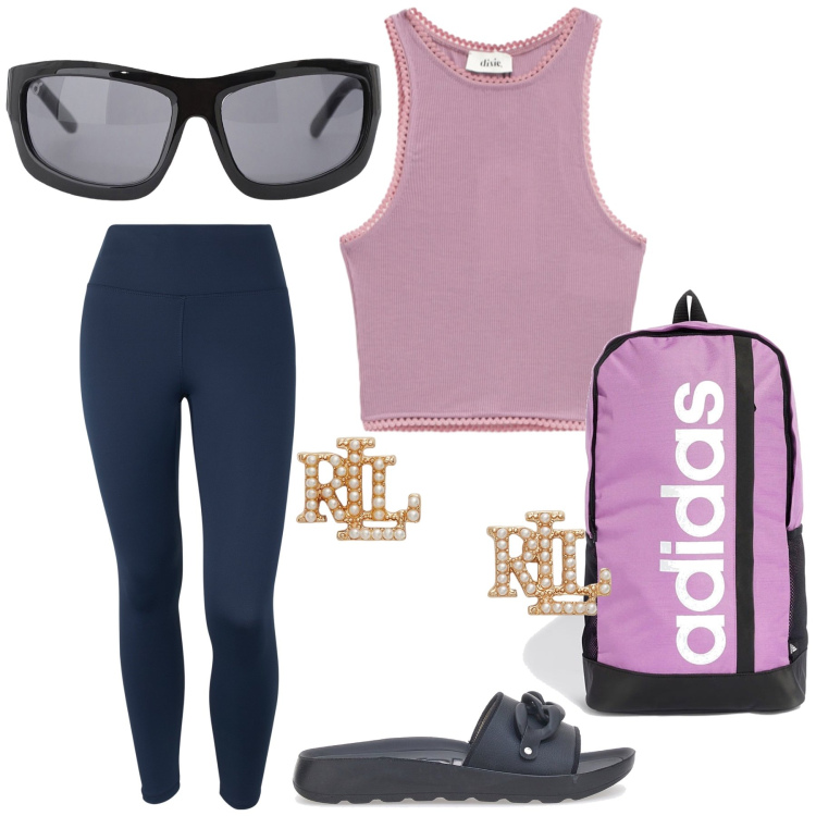 Outfit donna - Passeggiata. Stile Casual chic per Tutti i giorni. Abbinamento con occhiali da sole, pantaloni, top, orecchini, zaini, ciabatte.