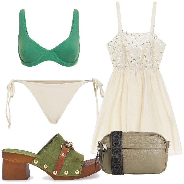 Outfit donna - Semplicemente mare. Stile Trendy per Mare. Abbinamento con borse a tracolla, vestiti corti, zoccoli, bikini, bikini.