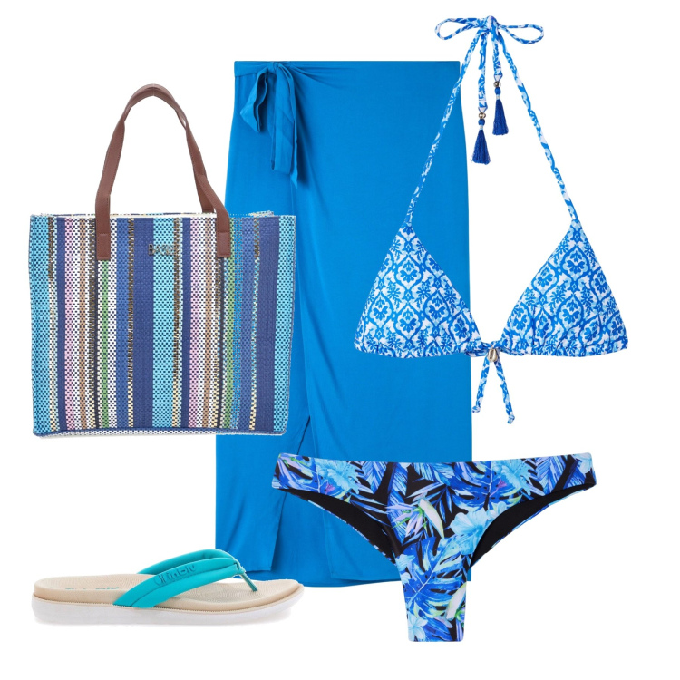 Outfit donna - Total look #2185726. Stile Basic per Mare. Abbinamento con bikini, vestiti da spiaggia, bikini, shopping bag, infradito.
