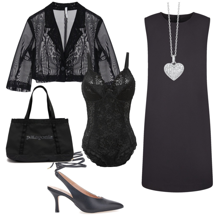 Outfit donna - Serata con lui. Stile Chic per Serata fuori. Abbinamento con body, collane, blazer, décolleté, vestiti lunghi, shopping bag.