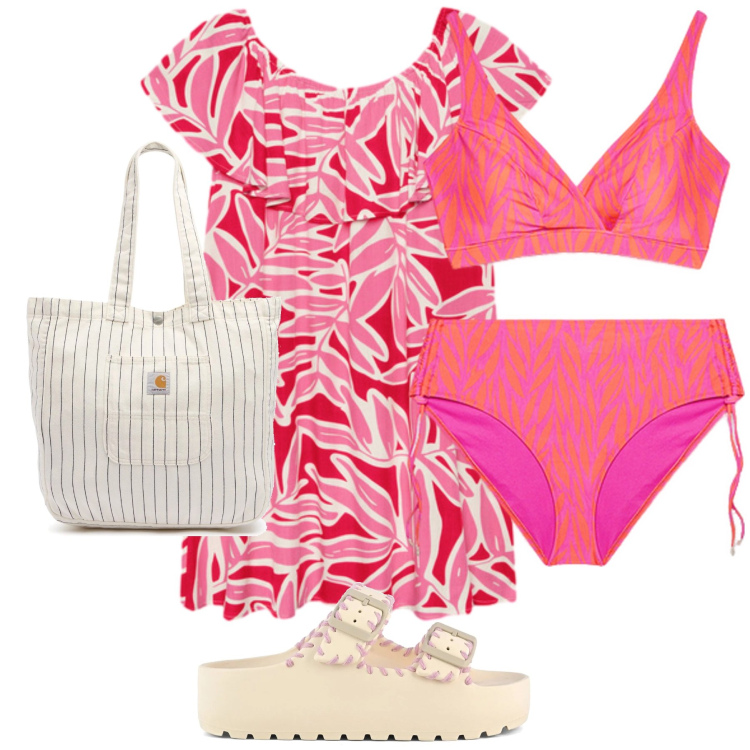 Outfit donna - Total look #2185730. Stile Chic per Mare. Abbinamento con vestiti corti, ciabatte, bikini, borse tote.