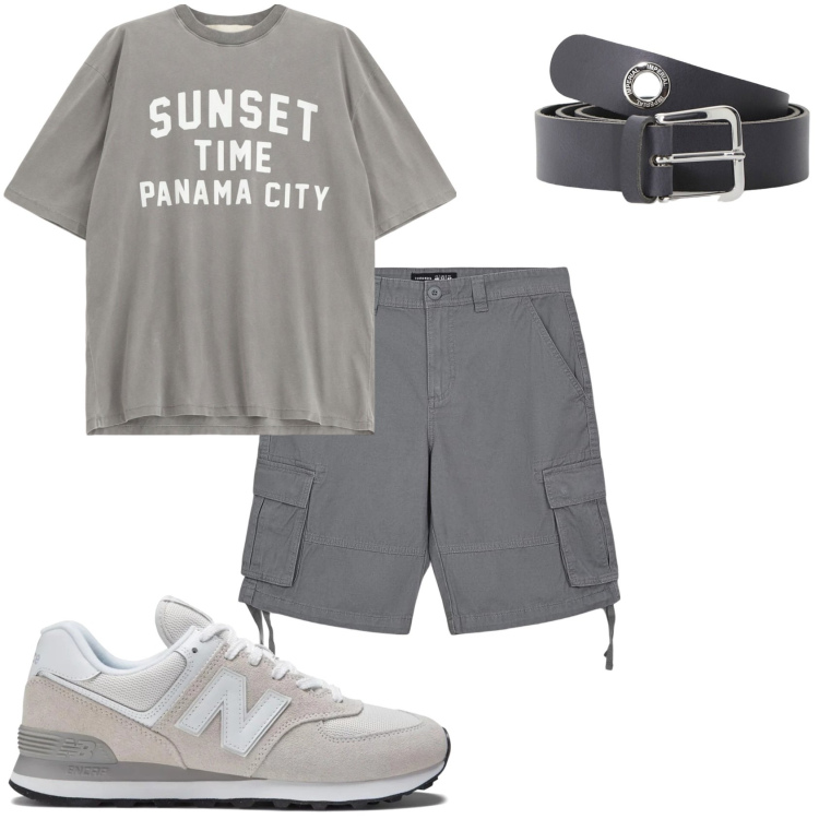 Outfit uomo - In grigio estivo. Stile Casual per Tutti i giorni. Abbinamento con cinture, t-shirt, bermuda, sneakers.