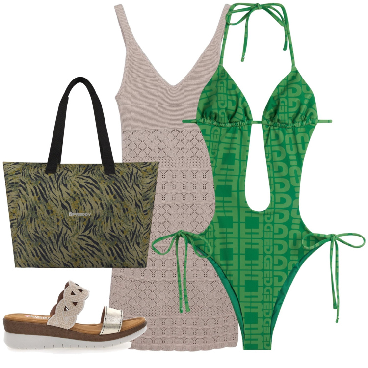 Outfit donna - Total look #2185736. Stile Casual per Mare. Abbinamento con vestiti corti, shopping bag, costumi interi, ciabatte.
