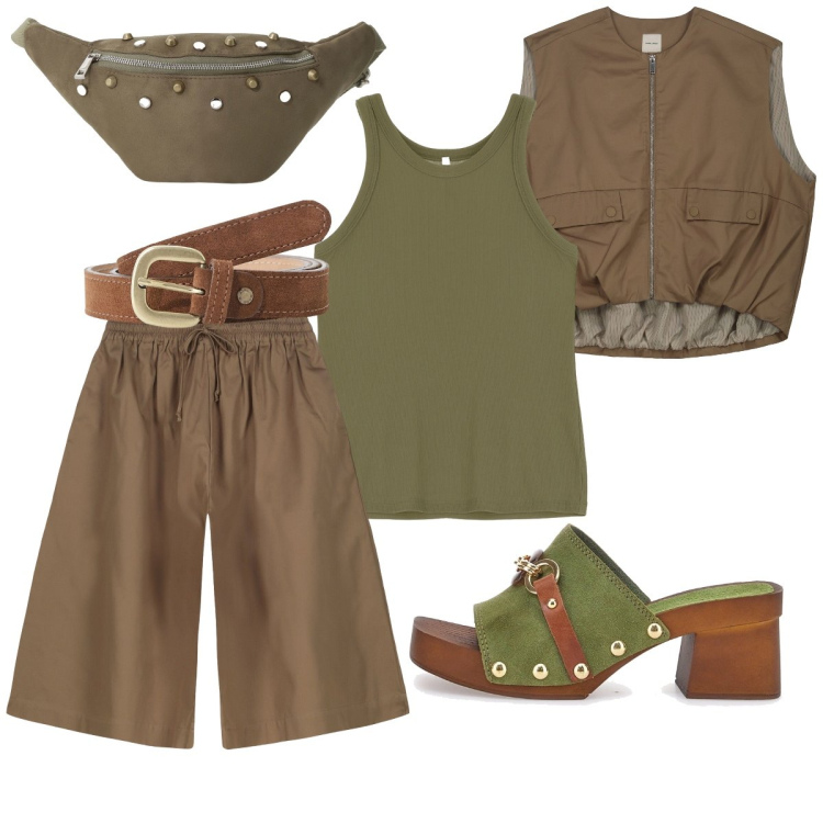 Outfit donna - Bermuda & gilet. Stile Boho per Tutti i giorni. Abbinamento con canottiere, marsupi, cinture, bermuda, zoccoli, gilet.