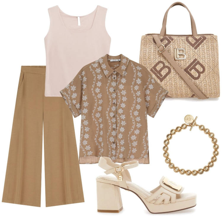 Outfit donna - La camicia stampata. Stile Casual chic per Serata fuori. Abbinamento con canottiere, camicie a manica corta, pantaloni, braccialetti, sandali col tacco, borse a tracolla.